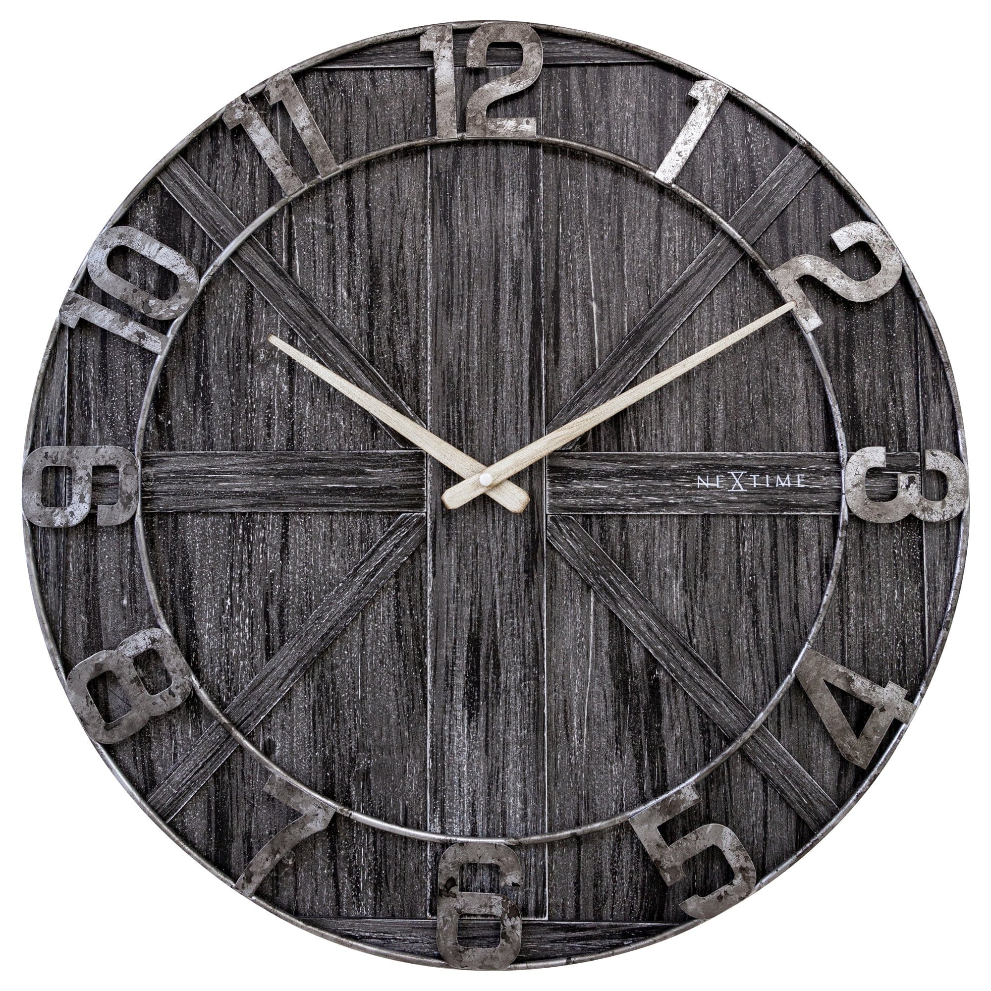 Large 50cm wooden and metal wall clock by NeXtime Clocks, silent operation with modern design in a "York" style.